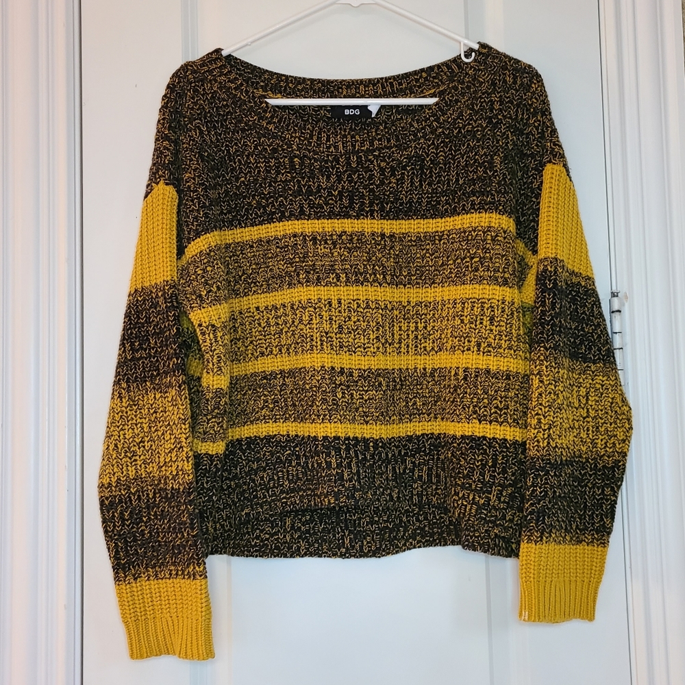 BDG Yellow and Black Marled Stripe Scoop-Neck Sweater